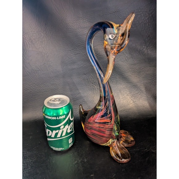 Swan Long Neck Venetian Murano Art Glass Statue JICO Style 11 In Red Blue Yellow